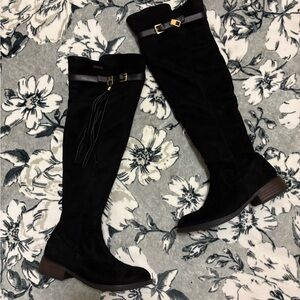 Santorini knee high boots with gold hardware and tassel